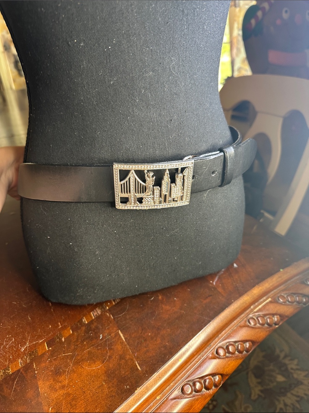 Brighton Black Leather Belt with Silver NYC Skyline Buckle and Rhinestones